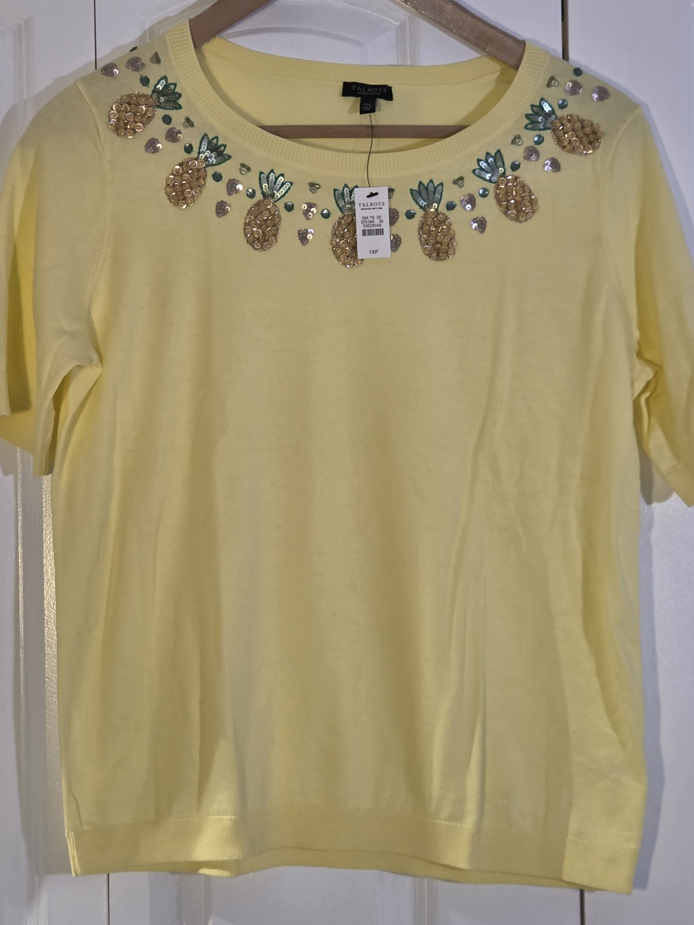 Talbots Yellow Pineapple Embellished Short Sleeve Sweater Top